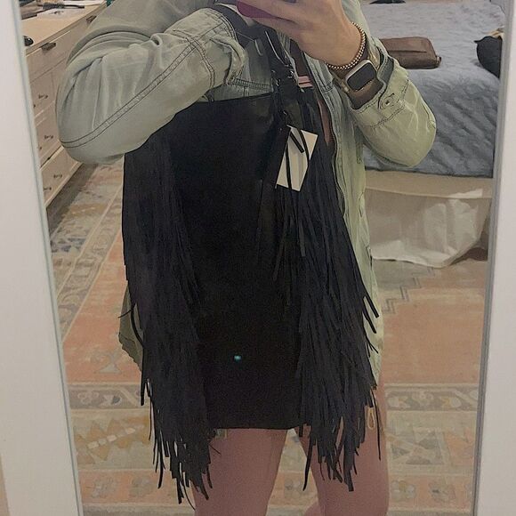 New Area Stars Black Fringe Hobo Shoulder Bag Faux Leather Spacious New w/ Tags - Picture 5 of 14